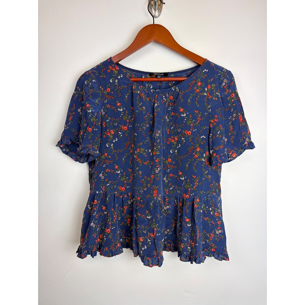 Madewell Silk Stanza Ruffle Hem Peplum Top M Blue Floral Boho Blouse V-Neck